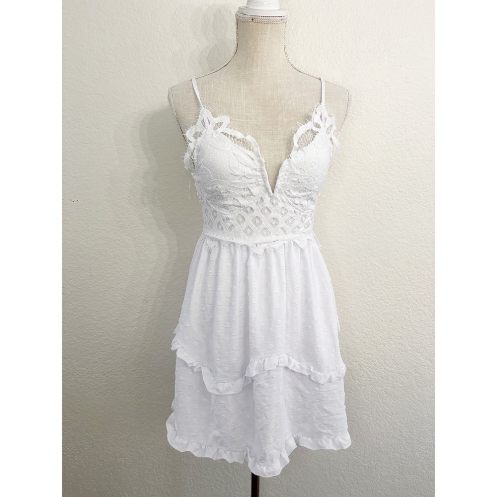 rue21 Dress Small White Lace Swiss Dot Tiered Ruffle Mini Boho Coquette